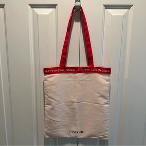 Lancôme Happiness Inside Cream Canvas Tote Bag with Red Shoulder Strap Handles